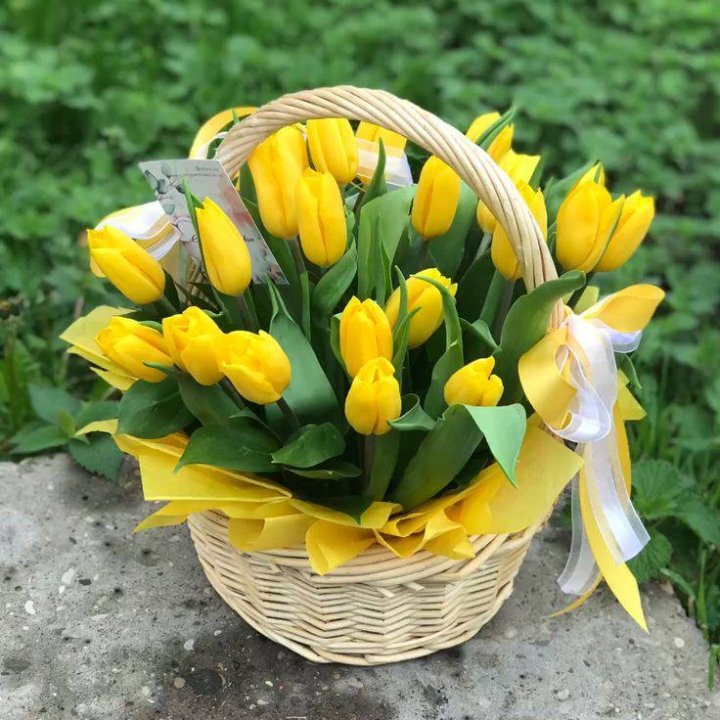 25 желтых тюльпанов в корзине в Тамбове